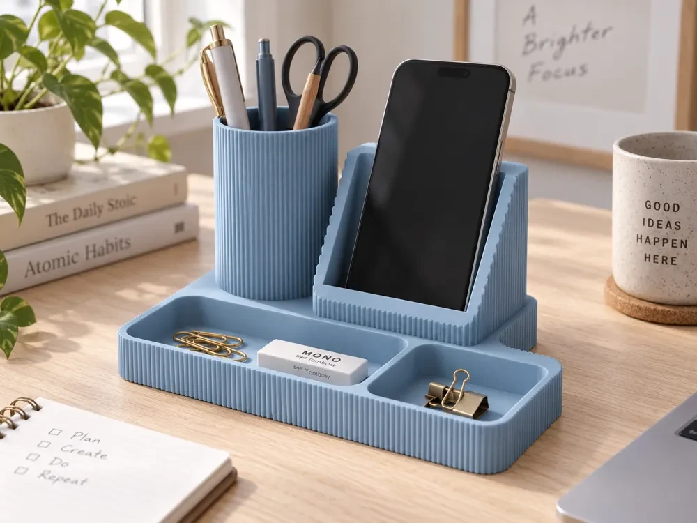 Referência de organizador de mesa azul